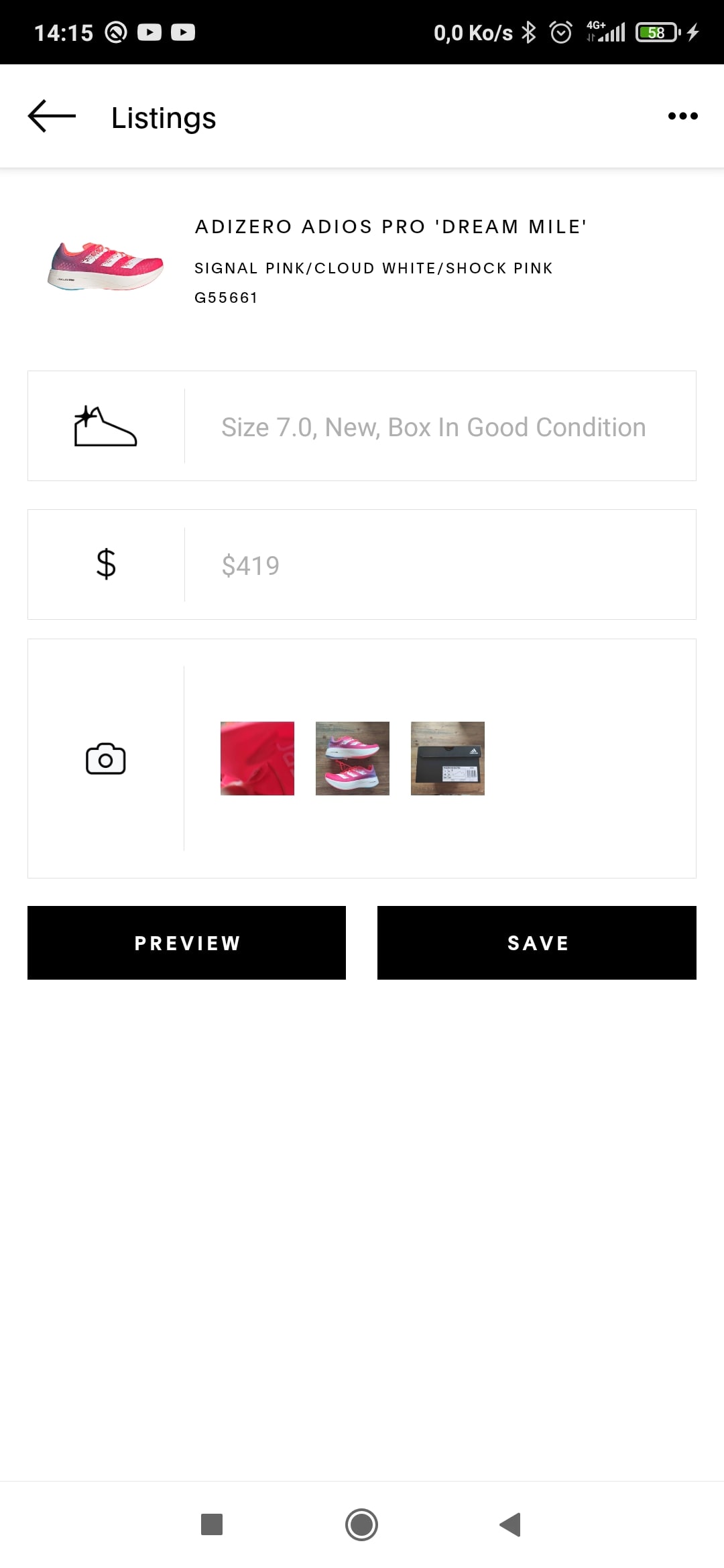Exemple de page résumant ton annonce GOAT avant la mise en vente de la sneaker