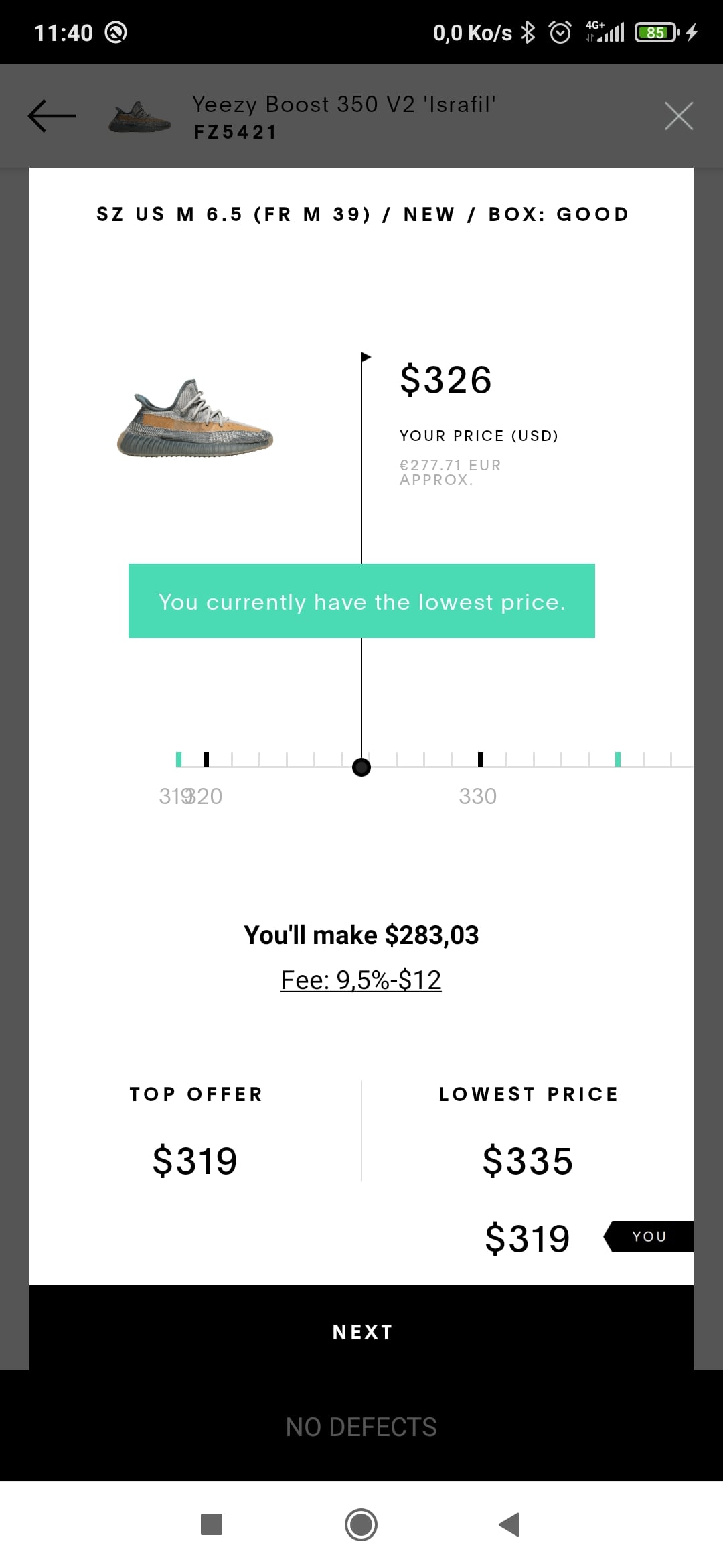 Information nécessaires pour choisir le prix de vente d'une paire de sneakers sur Goat