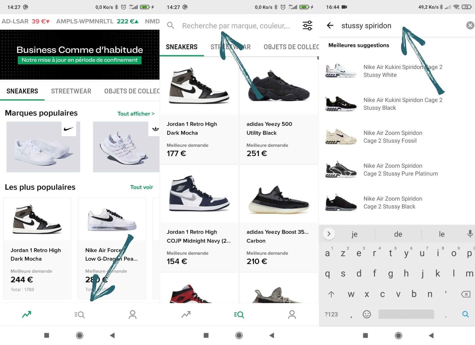 Recherche d’une paire de sneakers à partir de la page d’accueil de Stockx