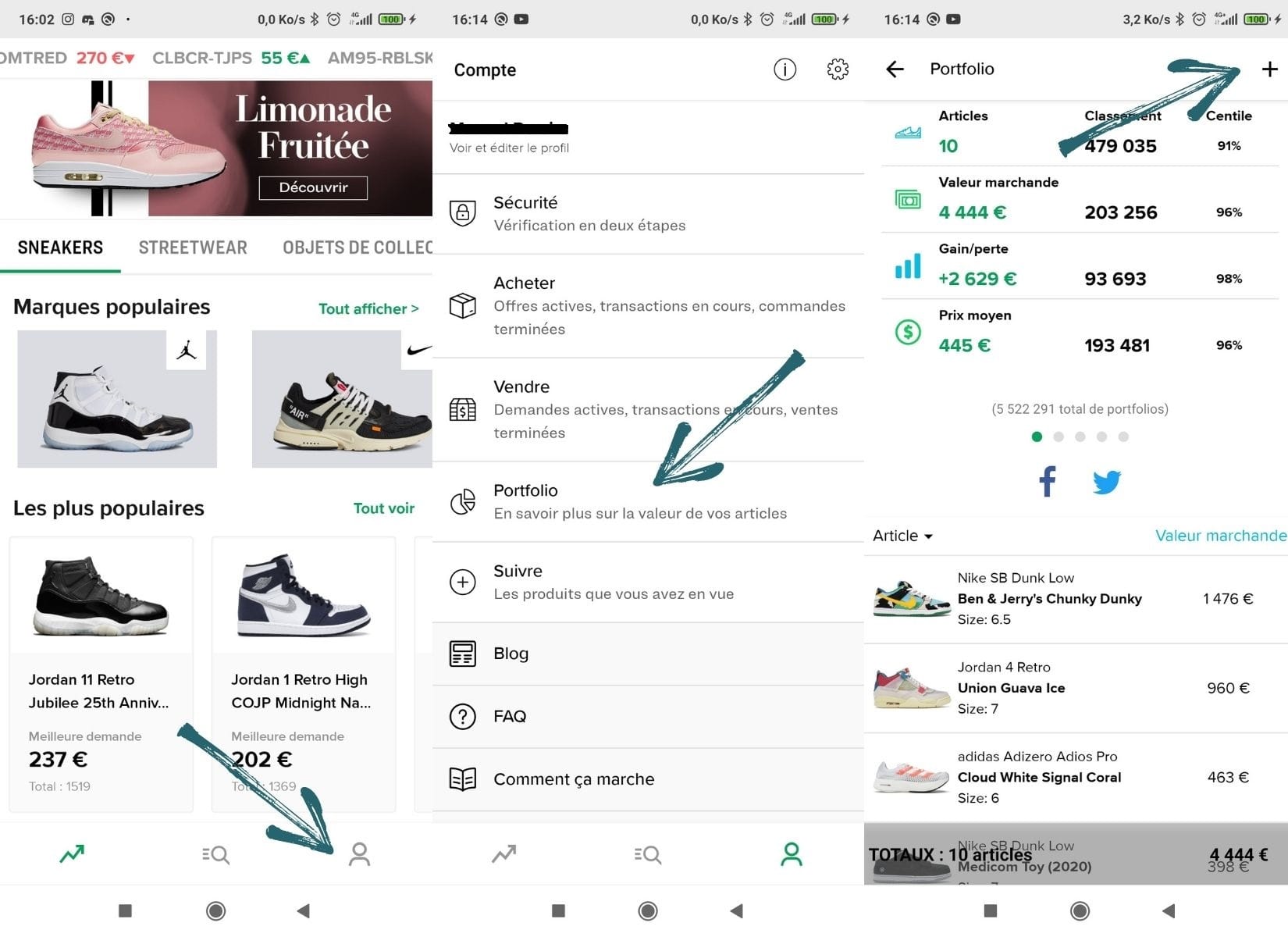 Différentes captures d’écran du Portfolio de Stockx afin de gérer la vente de tes paires de sneakers