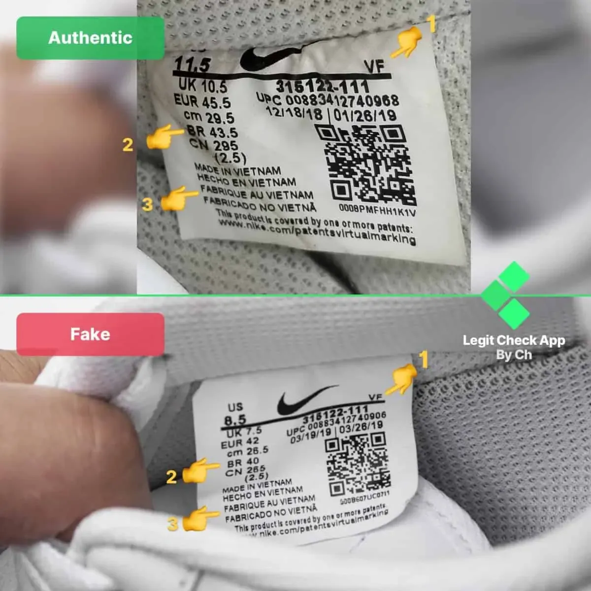 Exemple de vrai et fausse étiquette d'une Nike AF1