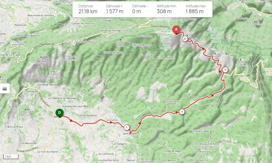 Parcours vélo depuis Bédoin jusqu'au Mont Ventoux