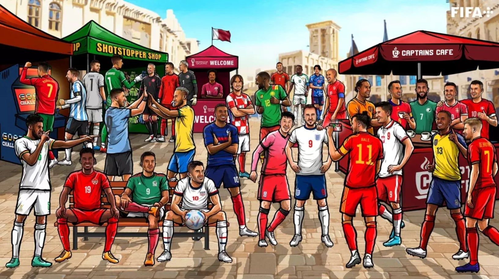 Dessin représentant les 32 maillots portés pendant la coupe du Monde 2022